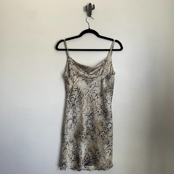 JOA Revolve Breanna Beige Snake Print Satin Cowl Neck Slip Dress - Picture 5 of 12